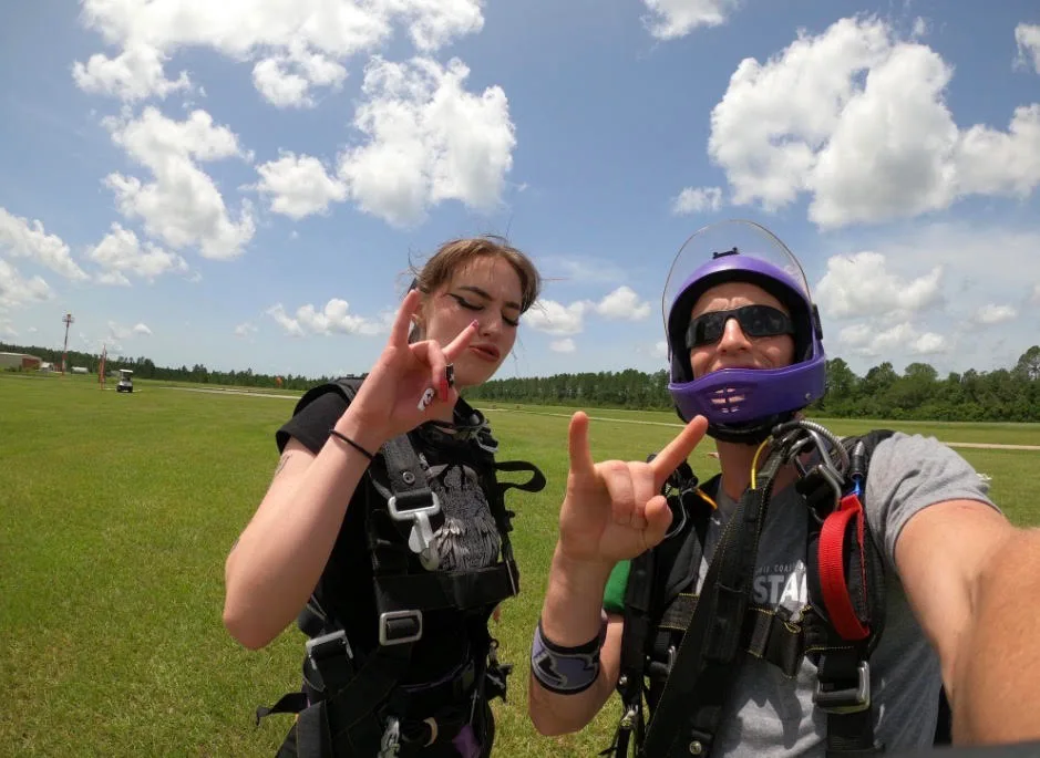 Tandem student and instructor after landing at Gold Coast Skydivers